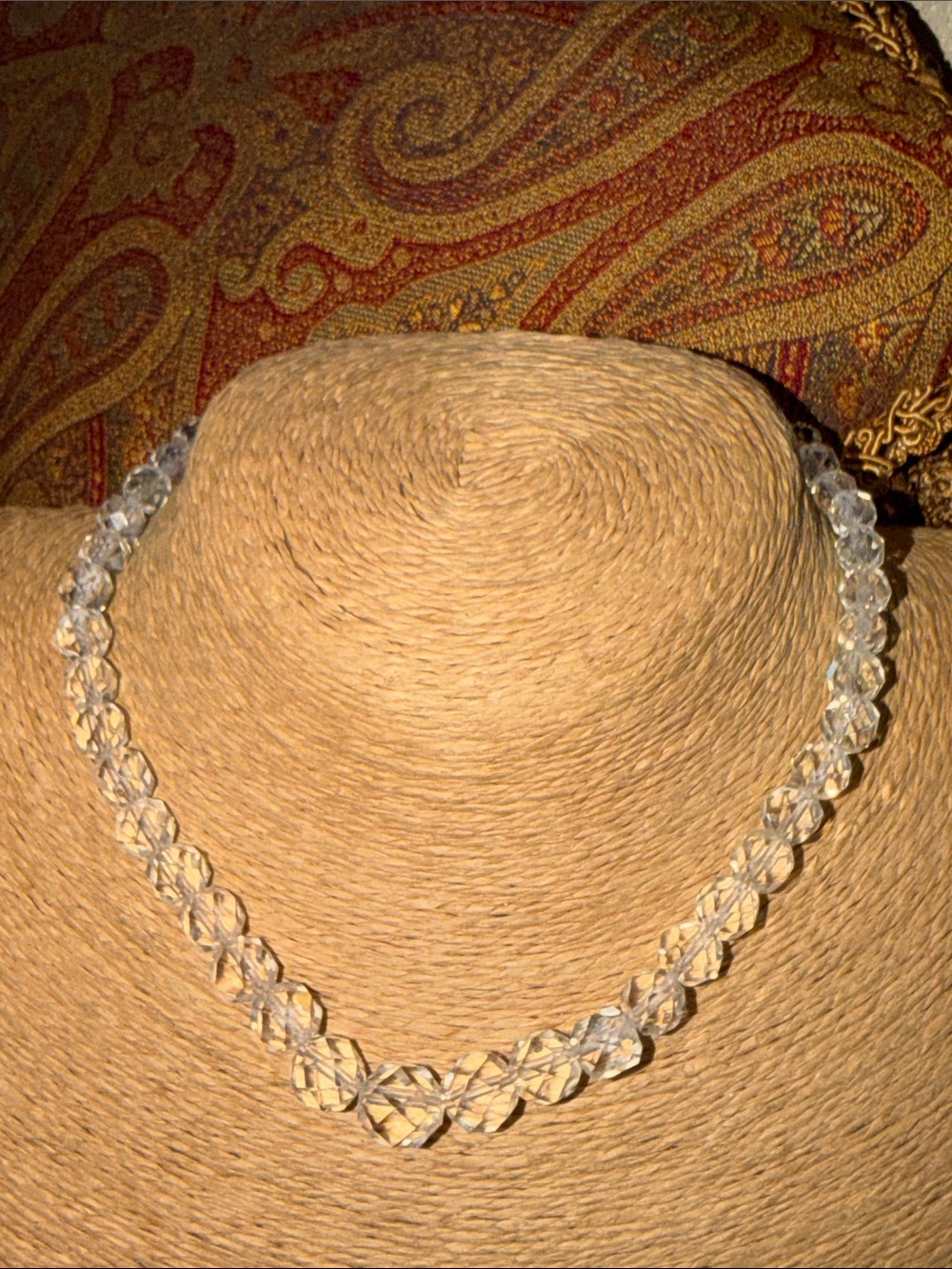 Vintage Clear rock quartz Crystal Faceted Bead Necklace adjustable